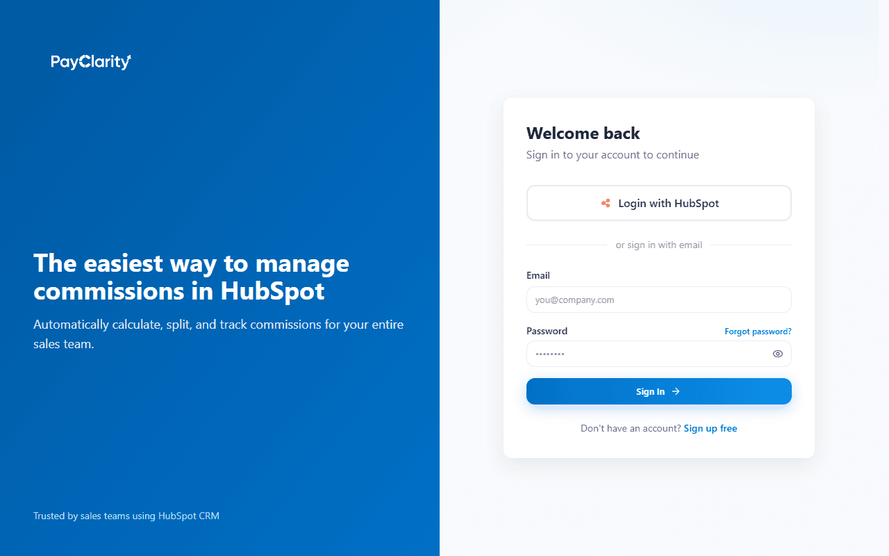 PayClarity login page with Login with HubSpot button
